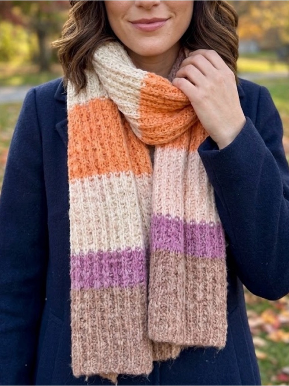 Universal Thread Colorblock Ribbed Knit Scarf in Orange, Cream, Purple & Brown